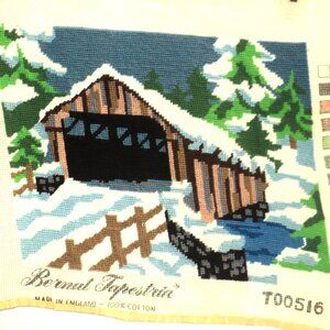 Covered Bridge Needlepoint Completed Picture T00516 Bernat Tapestria England Vtg